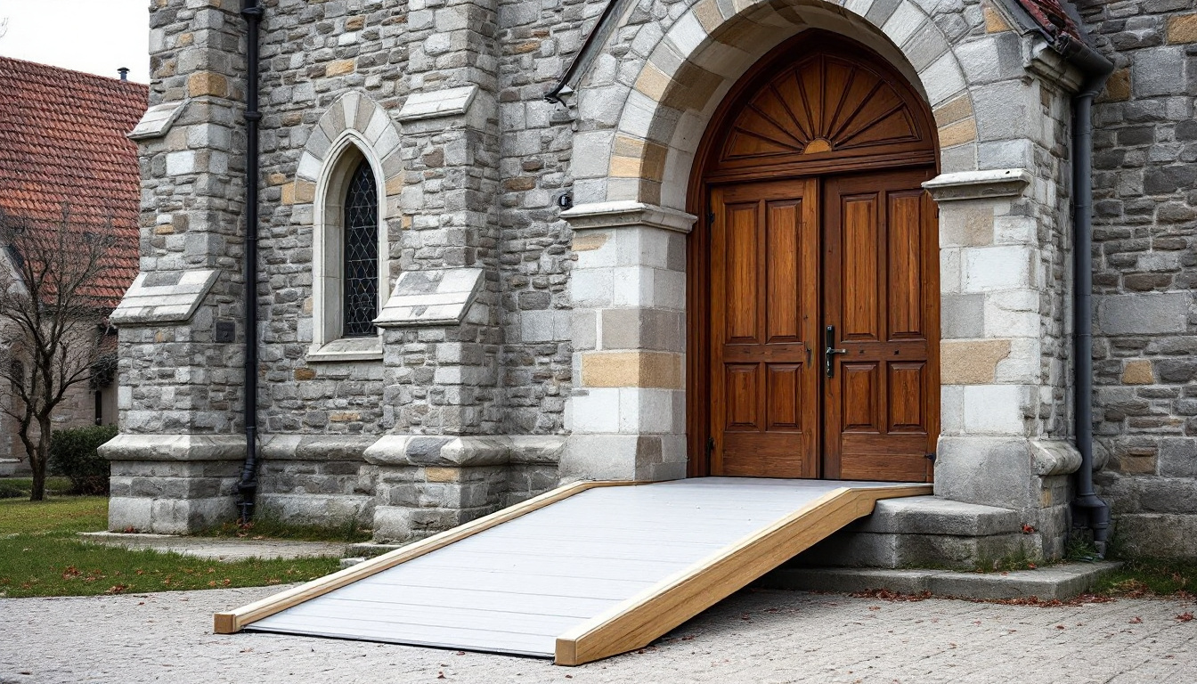 Sanft ansteigende Rampe zum bogenförmigen Holzeingang einer Steinkirche für stufenlosen Zugang.