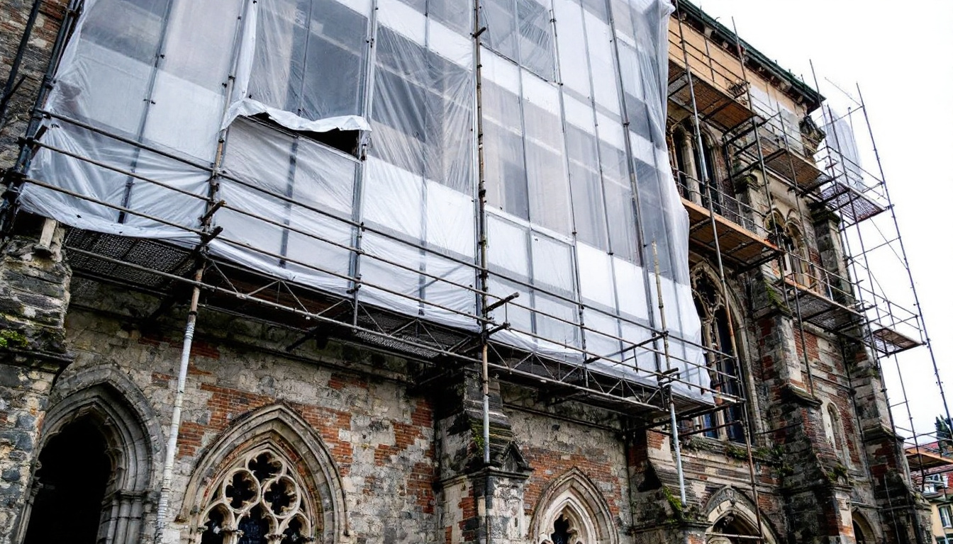 Gerüst an der verwitterten Steinfassade einer historischen Kirche während einer Restaurierung.