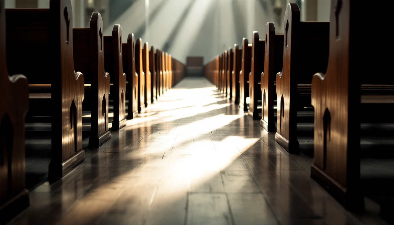 Leere Holzbänke in einem stillen Kirchenschiff mit einfallendem Morgenlicht Richtung Altar.