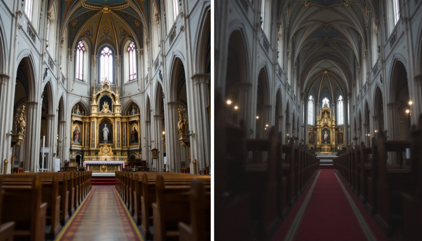 Reich verzierter Innenraum einer katholischen Kirche mit goldenem Altar und Heiligenfiguren im Blick durch den Mittelgang.