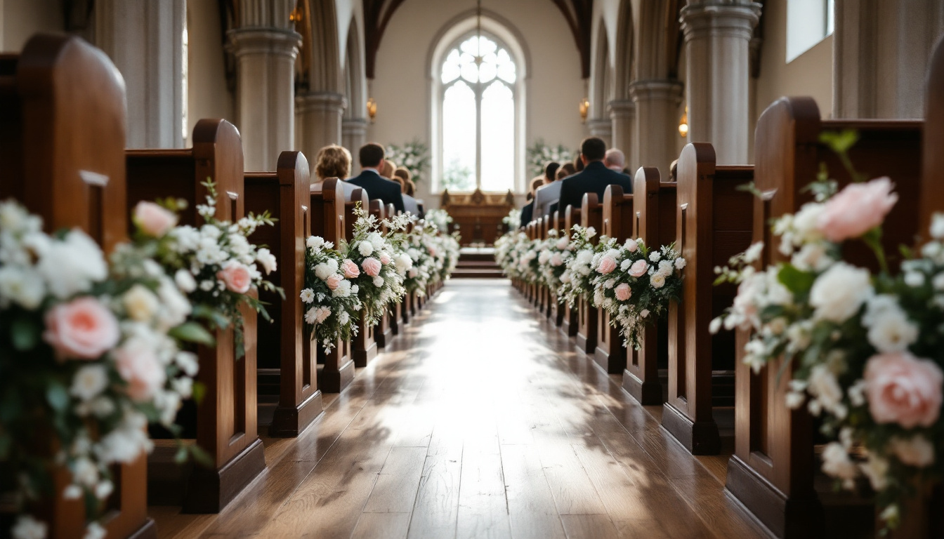 Mit weißen und rosa Blumen geschmückter Kirchengang, der auf den sonnenbeleuchteten Altar zuführt.