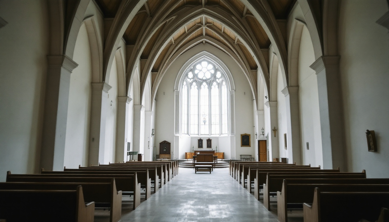 Innenraum einer umgenutzten Kirche mit entfernten Bänken und moderner Möblierung unter alten Gewölben.