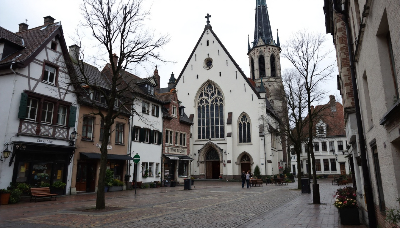 Gotische Kirchenfassade mit Spitzbögen, Maßwerkfenstern und hohem Turm über einem Kopfsteinpflasterplatz.