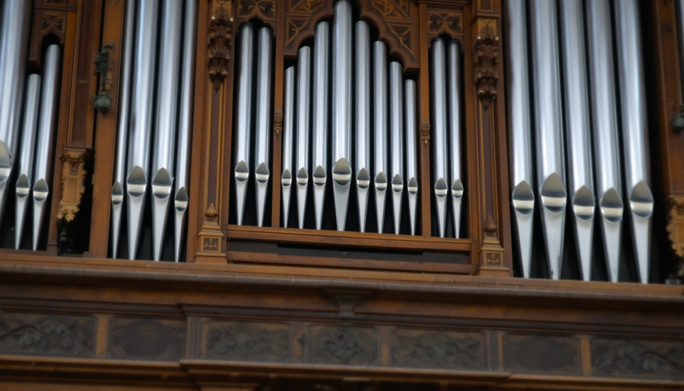 Große historische Orgel mit glänzenden Metallpfeifen und geschnitztem Holzgehäuse auf der Empore.