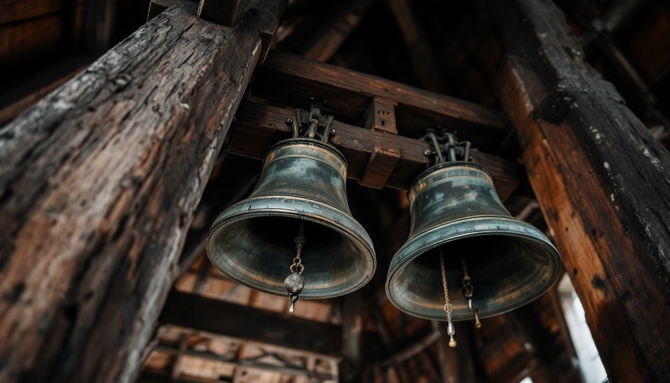 Zwei große Bronzeglocken hängen an einem hölzernen Glockenstuhl im Turm einer deutschen Kirche, von unten aufgenommen.