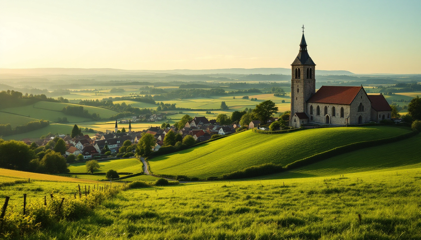 Landschaft in Deutschland mit Kirchturm über einem Dorf in hügeliger Umgebung
