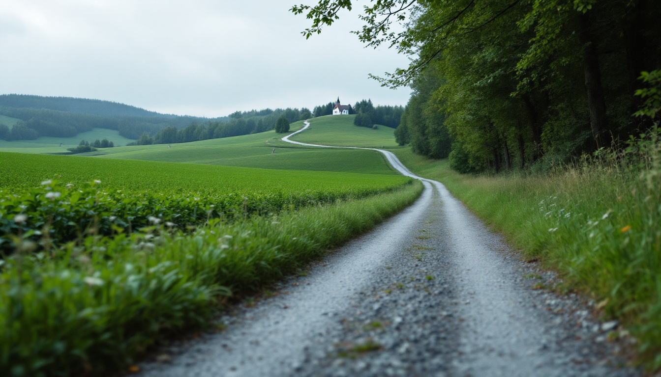 Schmaler Pilgerweg durch grüne Landschaft, der auf eine kleine Wallfahrtskapelle auf einem Hügel zuführt.