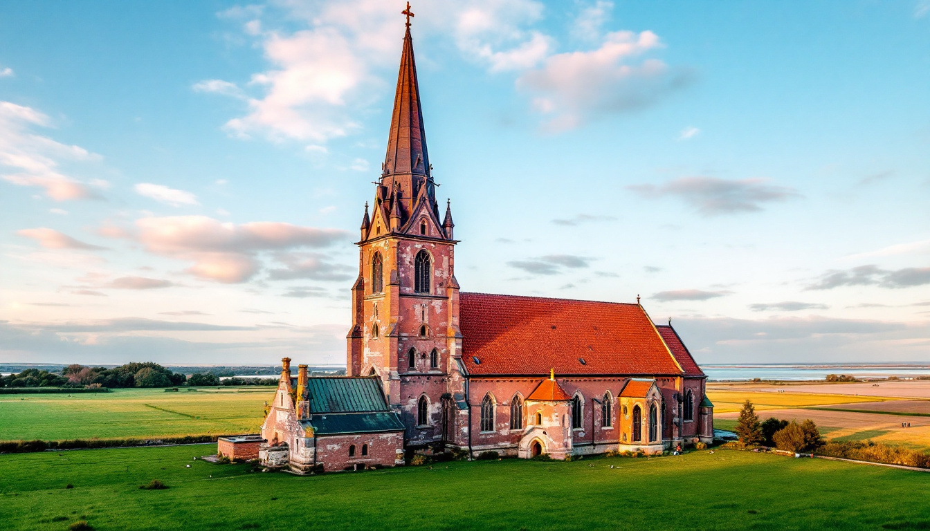 Backsteinkirche mit hohem Turm in Schleswig-Holstein Deutschland vor flacher Küstenlandschaft
